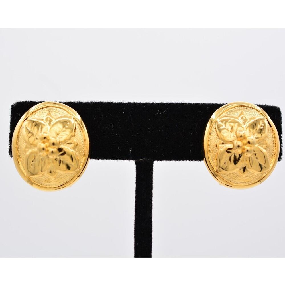 Danecraft Vintage Clip On Earrings Flower Bright Gold Tone Signed 1980s BinAF
